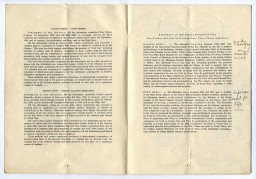 Fourth and fifth pages of a program booklet distributed during the International Military Tribunal at Nuremberg. Page four defines the charges of war crimes and crimes against humanity. The fifth page begins the list of IMT defendants. Handwritten notes in the margin record each defendant's sentence as it was read aloud in the courtroom.