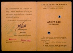 In July 1942, the German health department located in Krakow (Krakau), occupied Poland, issued this identity card to Max Diamant. This view shows the front and back covers of the card. The interior pages identify Diamant as a dental assistant in Przemysl, Poland, and show his signature and photograph mounted under the stamped word "Jew."