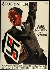 Плакат "Студенты! Будьте пропагандистами фюрера." Используя  воинствующий призыв к национализму, свободе и самопожертвованию, нацистская партия успешно мобилизовала студентов, разочарованных немецкой демократией и деятельностью существующих в то время студенческих организаций.