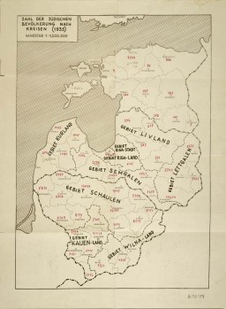 This German map indicates the number and distribution of Jews living in the Baltic countries as of 1935. It served as a reference for the SS mobile killing squad assigned to carry out the mass murder of the Jews there.