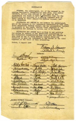 Document from the Buchenwald trial stating that both the prosecution and the defense teams agree to waive their right to make closing statements. The document is signed by the US military prosecutors (including William Denson), the defense lawyers, and the defendants. Dachau, Germany, August 8, 1947.