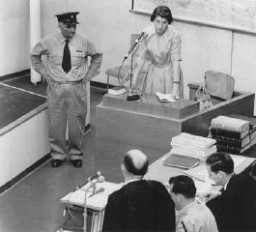 Witness Zivia Lubetkin Zuckerman testifies during the trial of Adolf Eichmann. Jerusalem, Israel. May 3, 1961.