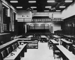 Nuremberg’deki yeniden modellenmiş mahkeme salonu. 15–20 Kasım 1945.