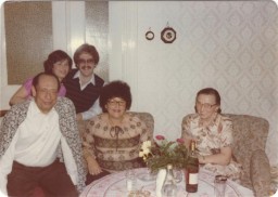 Anna Gutman (Boros) (seated, center), her daughter, and son-in-law visit Dr. Mohamed Helmy (seated, left) and his wife, Emmi (seated, right), in Berlin in 1980. Dr. Helmy hid Gutman in his home for the duration of World War II. 