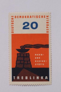 In 1963, the German Democratic Republic (DDR) issued this postage stamp to commemorate the Treblinka killing center. This was the first stamp of a series issued annually by the DDR under the name Mahn- und Gedensksatte (Remembrance and Memorial Center) in remembrance and commemoration. 