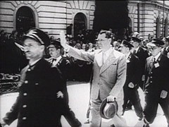 Ante Pavelic was a Croatian fascist leader who headed a pro-German government in Croatia from 1941 until 1945. This captured German newsreel shows Pavelic walking through an adoring crowd and reviewing his units. Under Pavelic's rule, the Croatian government killed hundreds of thousands of Serbs, Jews, and Roma (Gypsies). Pavelic fled to Argentina after the war. He died in 1959 from wounds he received in an assassination attempt two years earlier.