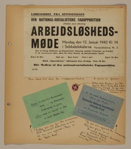 Page from volume 2 of a set of scrapbooks compiled by Bjorn Sibbern, a Danish policeman and resistance member, documenting the German occupation of Denmark. Bjorn's wife Tove was also active in the Danish resistance. After World War II, Bjorn and Tove moved to Canada and later settled in California, where Bjorn compiled five scrapbooks dedicated to the Sibbern's daughter, Lisa. The books are fully annotated in English and contain photographs, documents and three-dimensional artifacts documenting all aspects of the German occupation of Denmark. This page contains handbills of the Danish Nazi party.