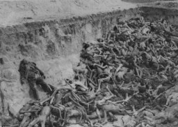 Foto de uma cova coletiva tirada logo após a liberação do campo de Bergen-Belsen. Bergen-Belsen, Alemanha, maio de 1945.