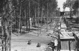 The fenced perimeter and an entrance to the women's camp at Wöbbelin. Photograph taken May 4–6, 1945.