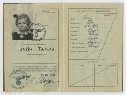 Identification papers issued to Erika Tamar stating that she was born in Vienna on June 10, 1934. Erika was one of the 50 children rescued by Gilbert and Eleanor Kraus.