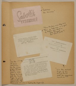 Page from volume 5 of a set of scrapbooks compiled by Bjorn Sibbern, a Danish policeman and resistance member, documenting the German occupation of Denmark. Bjorn's wife Tove was also active in the Danish resistance. After World War II, Bjorn and Tove moved to Canada and later settled in California, where Bjorn compiled five scrapbooks dedicated to the Sibbern's daughter, Lisa. The books are fully annotated in English and contain photographs, documents and three-dimensional artifacts documenting all aspects of the German occupation of Denmark. This page conatins anti-Nazi leaflets