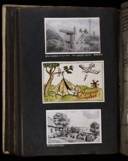 (Middle) In a take-off of travel posters advertising peaceful vacation spots, Beifeld draws a picture of a Hungarian military tent pitched next to a tree on which a bird is cheerfully chirping. Next to the tent the artist writes "Peaceful Surroundings" but above, a Soviet bomber releases a bomb aimed at the tent. [Photograph #58022]