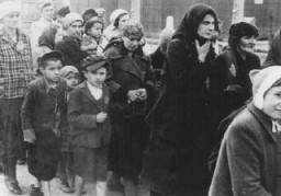 Jewish women and children from Subcarpathian Rus who have been selected for death at Auschwitz-Birkenau, walk toward the gas chambers. May 1944.