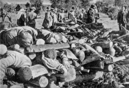 Cadavres de détenus du camp de concentration de Klooga entassés pour être brûlés. Les troupes soviétiques découvrirent les corps lorsqu’ils libérèrent le camp. Estonie, septembre 1944.