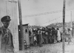 Jewish women return to the Kovno ghetto after forced labor on the outside. They line up to be searched by German and Lithuanian guards. Kovno, Lithuania, between 1941 and 1944.