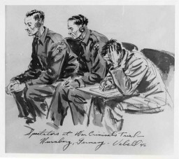Courtroom sketch drawn during the International Military Tribunal by American artist Edward Vebell. The drawing's title is "Spectators at War Criminals Trial, Nuremberg, Germany." 1945.