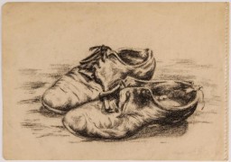 Jewish teenager Ava Hegedish drew this poignant picture of her mother's well-worn shoes while in hiding. 
It was drawn while Ava was in hiding at a farm near Belgrade, Yugoslavia (now Serbia), between 1941 and 1944. Once Nazi Germany and its Axis partners partitioned Yugoslavia and Belgrade fell under German control, Ava’s father thought the family’s best chance of survival was to separate and go into hiding. Ava ended up at a farm with some extended-family Serbian relatives. Because she didn’t speak the local dialect, Ava pretended to be deaf and mute. She occasionally made drawings on whatever scraps of paper she could get. 
After the region was liberated in October 1944, Ava learned that her father and sister had been killed. She reunited with her mother Beatrice and settled in Belgrade, where Ava attended art school. 
She later worked as a set designer in film and theater. Ava and her mother immigrated to Israel in 1949, and some years later, after her mother died, she eventually settled in Chicago. Now known as Ava Kadishson Schieber, her work has been shown in galleries throughout the United States. The young girl in hiding who once drew on scraps of paper has also published poems and stories about her ordeal, and given presentations to schools and community groups.
