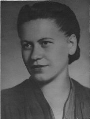 1945 portrait of Eta Wrobel who was born on December 28, 1918, in Lokov, Poland. During the Holocaust,  Eta helped organize an exclusively Jewish partisan unit of close to eighty people.  She was the only child in her  family of ten to survive.