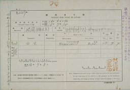 Japanese authorities issued this "Permit for stay in Japan" to Ruth Segal (Rys Berkowicz). After several unsuccessful attempts to obtain visas for the United States, Ruth's father was able to secure a visa for her to go to New Zealand, in the British Commonwealth of Nations. [From the USHMM special exhibition Flight and Rescue.]