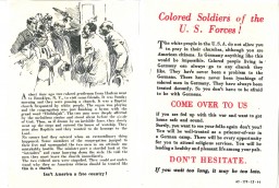 German propaganda leaflet targeting African American servicemen, November 1944. The leaflets falsely suggested that African Americans would receive better treatment by the German military and encouraged them to surrender to German troops.