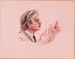 Courtroom sketch by artist David Rose of Nobel laureate and Holocaust survivor Elie Wiesel on the witness stand at the trial of Klaus Barbie. During his testimony, Wiesel stated that "The killer kills twice. First, by killing, and then by trying to wipe out the traces." June 2, 1987.