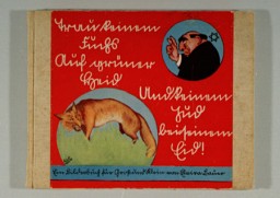 1936년, 독일 뉘렌베르그에서 출판된 반 유태주의 어린이 도서. 독일어로 된 책의 제목을 해석하면 “황야의 여우와 맹세하는 유태인을 믿지 마라. - 어린이와 어른을 위한 그림책”이다. 표지에는 황야의 여우와 선서하는 유태인을 그림으로 풍자하여 묘사하고 있다.