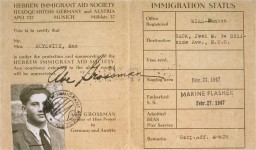 HIAS immigration certificate issued to Manius Notowicz in Munich, Germany. The document states that Notowicz will travel on the Marine Flasher on February 22, 1947, to New York City.
 
 
