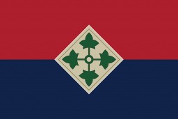 A digital representation of the United States 4th Infantry Division's flag. 
The US 4th Infantry Division (the "Ivy" division) was established in 1917 and fought in World War I. During World War II, they were involved in D-Day, the liberation of Paris, and the Battle of the Bulge. The division also captured the city of Nuremberg and discovered a Dachau subcamp near Haunstetten. The 4th Infantry Division was recognized as a liberating unit in 1992 by the United States Army Center of Military History and the United States Holocaust Memorial Museum (USHMM). 
 