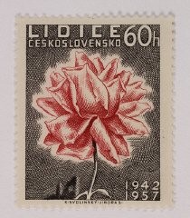 A Czech postage stamp issued in 1957, commemorating the fifteenth anniversary of the destruction of Lidice.