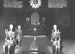 An antisemitic and anti-Masonic display at the exhibition "Der ewige Jude" (The Eternal Jew). The exhibition sought to establish a connection between Jews and Freemasons. Munich, Germany, November 10, 1937.