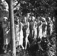 A work corps of German women marches to the fields. Beginning in 1939, many thousands of German women between the ages of 17 and 25 worked on farms as part of a national labor service program. Germany, wartime.