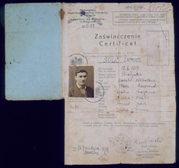 Polish citizenship certificate issued to Samuel Solc on December 16, 1939, by the Britannic Majesty's Legation in Kovno, charged with representing Polish interests in Lithuania. Samuel decided to emigrate to Palestine in late 1939. His journey lasted over two years and took him through eight countries. Samuel arrived in Palestine on February 6, 1942, after stays in Lithuania; Kobe, Japan; Shanghai, China; and Bombay, India. [From the USHMM special exhibition Flight and Rescue.]