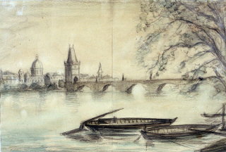 Painting of the Vltava River in Prague by Theresienstadt prisoner Bedrich Fritta