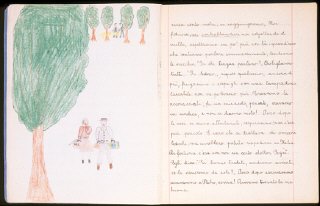 صفحه ای مصور از دفتر خاطرات یک کودک که در اردوگاه پناهندگان در سوئیس نوشته شده است.