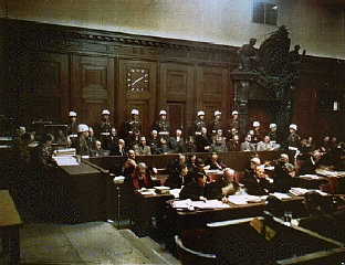 The accused and their defense attorneys at the International Military Tribunal courtroom.