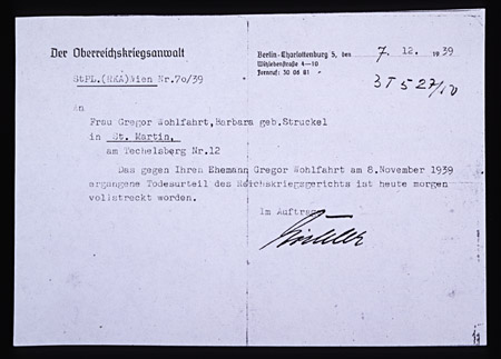 Notice of Gregor Wohlfahrt's execution
