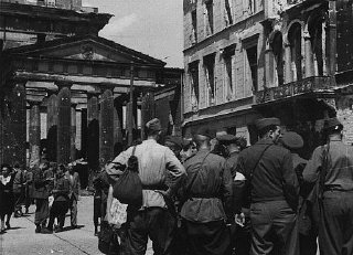 Soviet soldiers in the Soviet occupation zone of Berlin following the defeat of Nazi Germany.