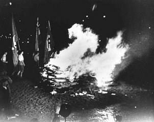 ベルリンのオペラ広場の焚書で突撃隊の隊員や学生たちによって焼かれる「反ドイツ主義」と見なされた書籍や出版物。