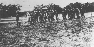 Niemieccy żołnierze prowadzą na miejsce egzekucji polskich zakładników w przepaskach na oczach