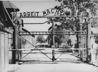 View of the main entrance to the Auschwitz camp