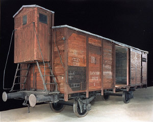 View of the railcar on display in the permanent exhibition of the United States Holocaust Memorial Museum.